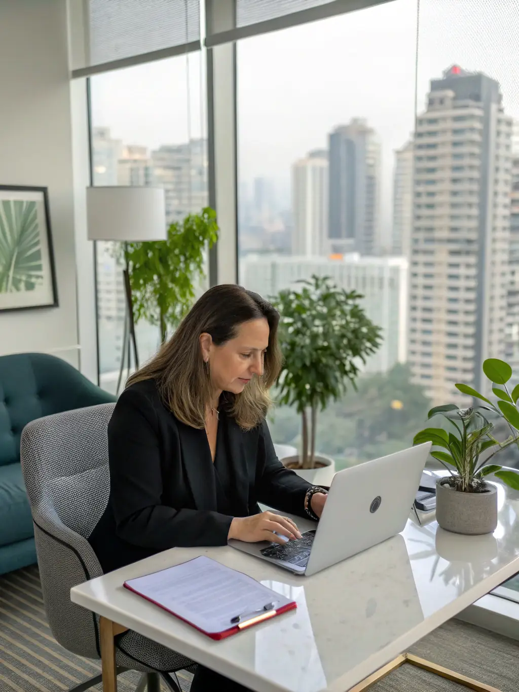 An executive coaching session with a mentor guiding a client through strategic planning in a modern office setting, symbolizing leadership mentoring.