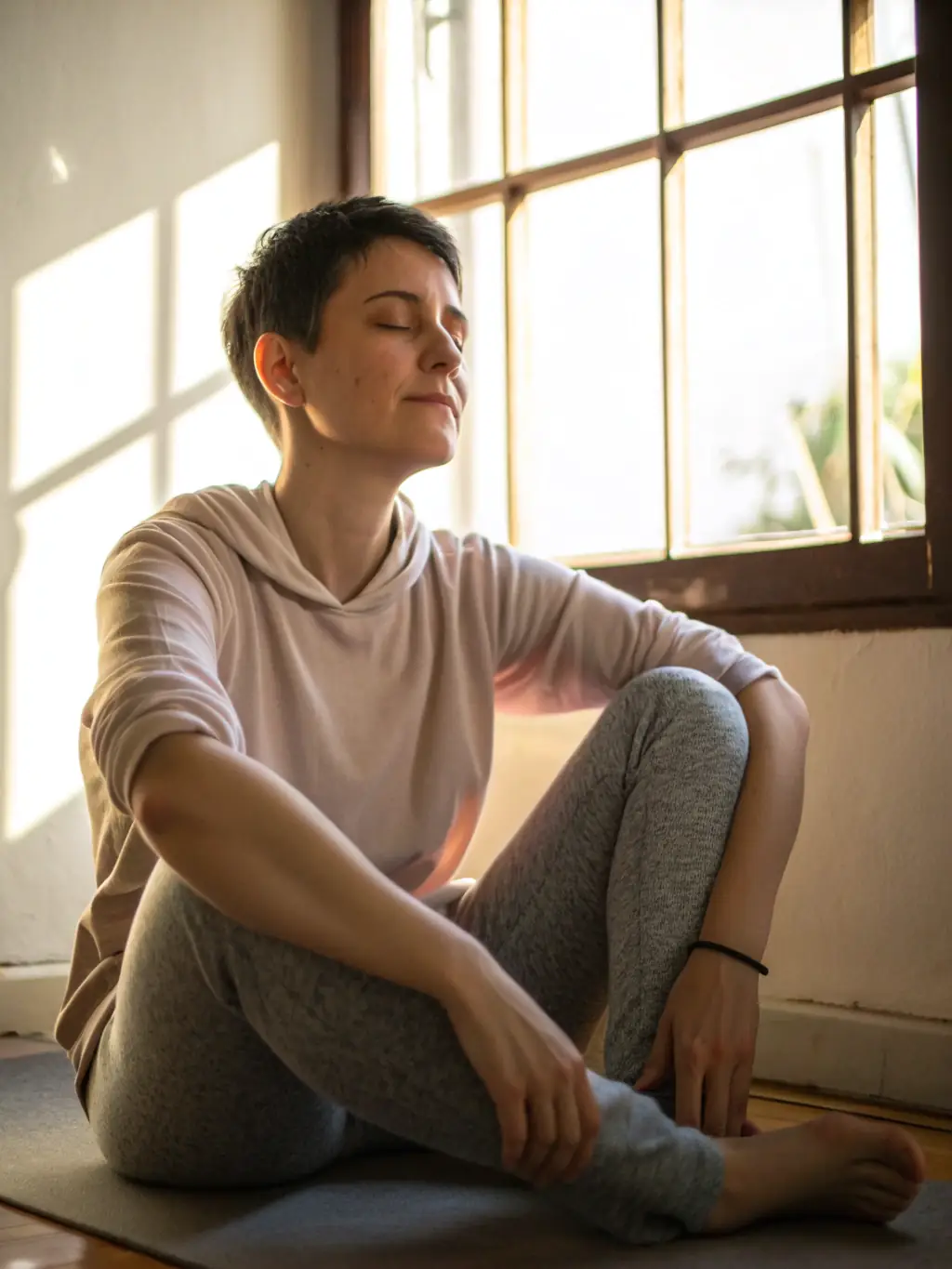 A client practicing mindfulness exercises with a coach in a serene office environment, illustrating mindset training.