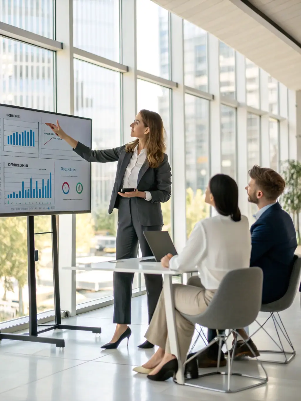 A professional confidently presenting a career plan, highlighting growth opportunities and strategic career moves for long-term success.