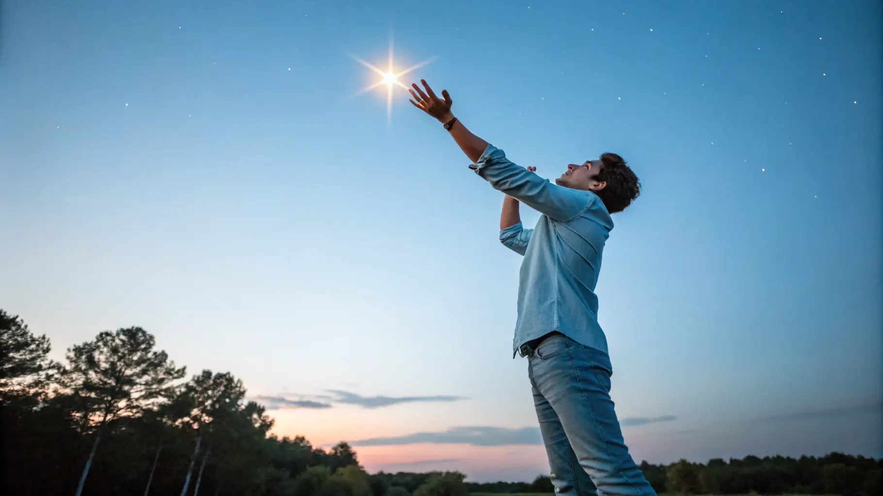 A person happily reaching for a shining star, symbolizing growth and achievement.