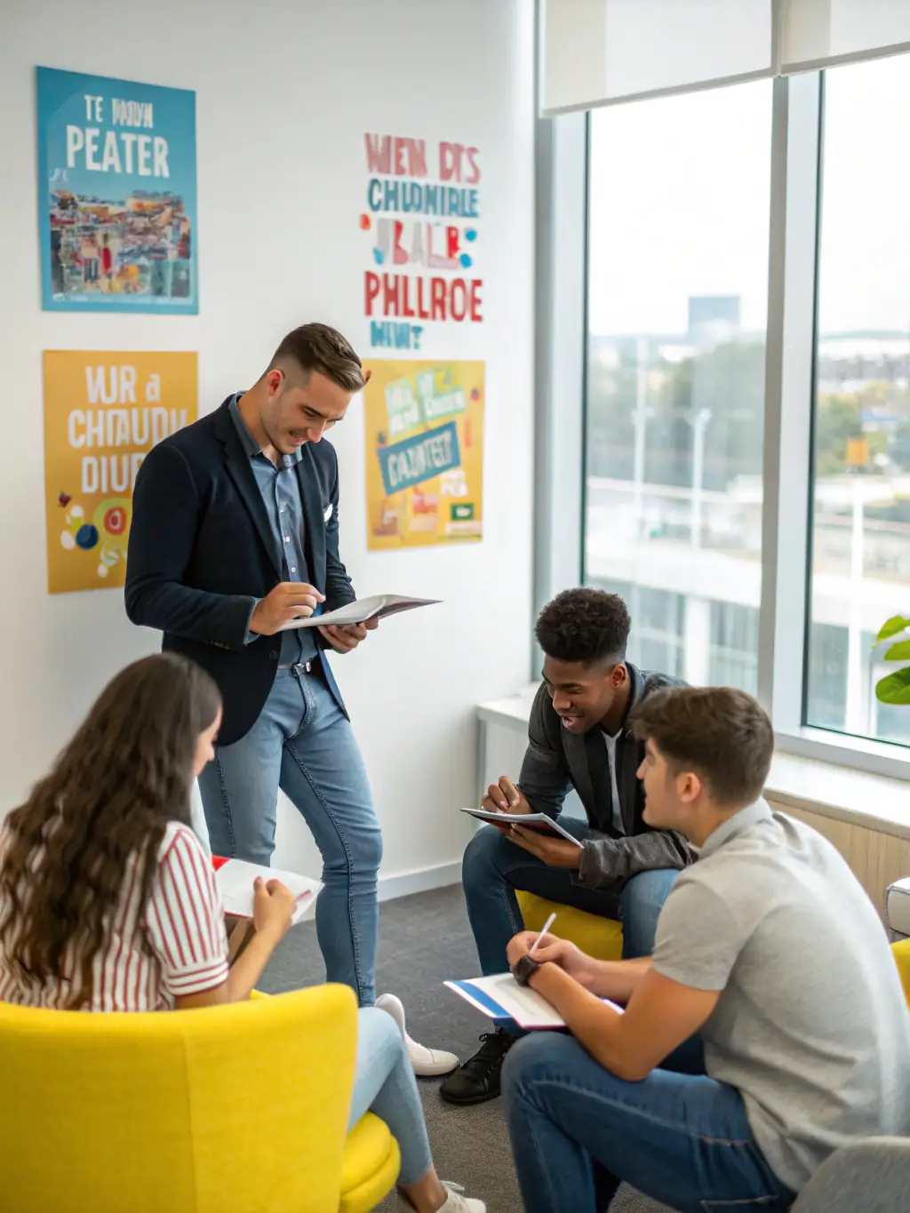 A professional discussing a career plan with a coach using visual charts and documents, showcasing strategic career development.